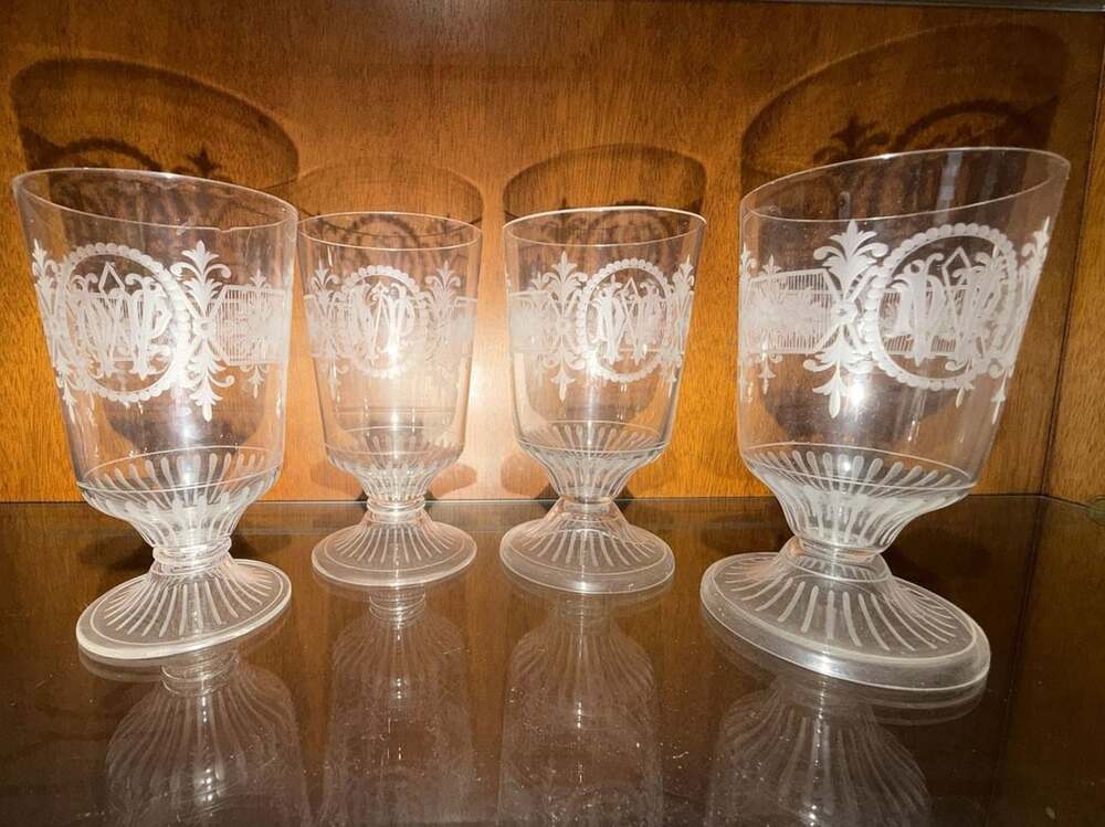 Vintage Etched Glass Footed Tumblers Set Of Four